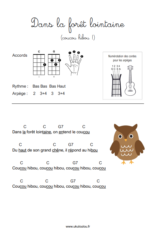 Dans la foret lointaine_Coucou Hibou_Accords ukulélé avec paroles_Comptines bébé enfant_SCRIPT